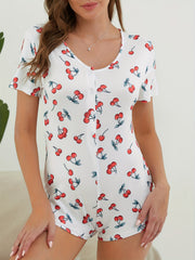 Cherry Print V Neck Jumpsuit Sleepwear