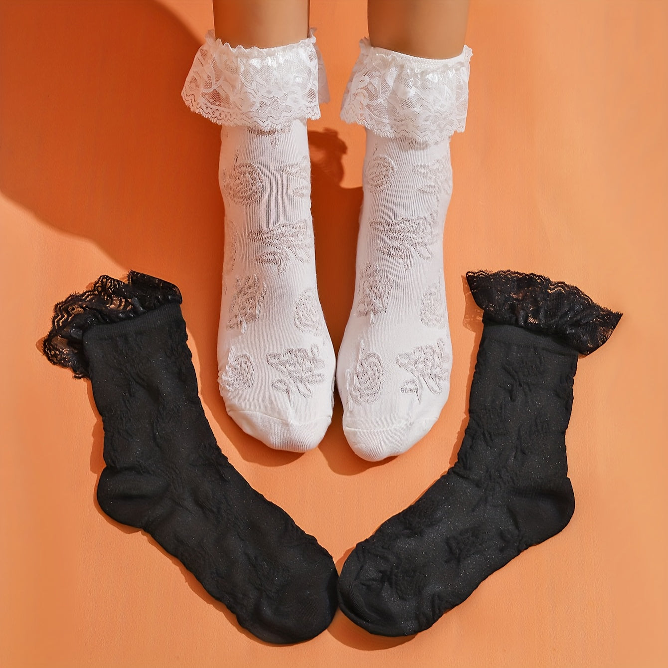 2 Pairs Floral Print Lace Stitching Socks Women's Stockings