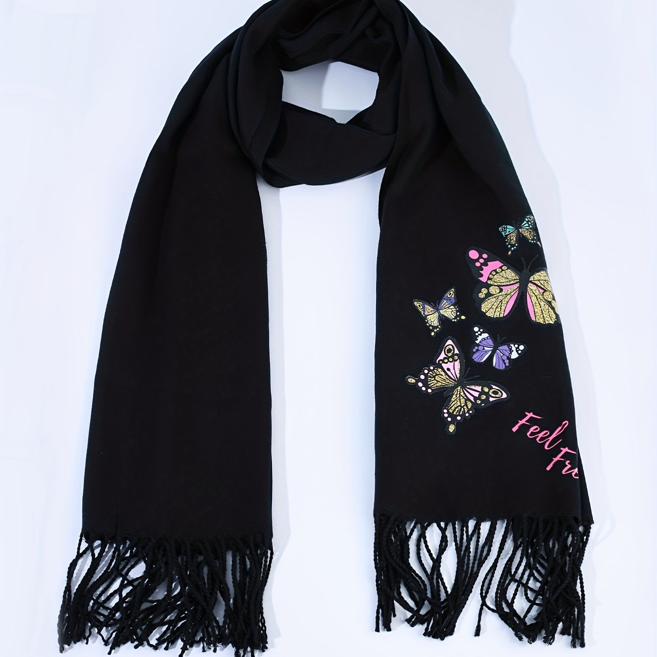 Butterfly & Letter Decor Fringe Trim Scarf Casual Shawl Wrap