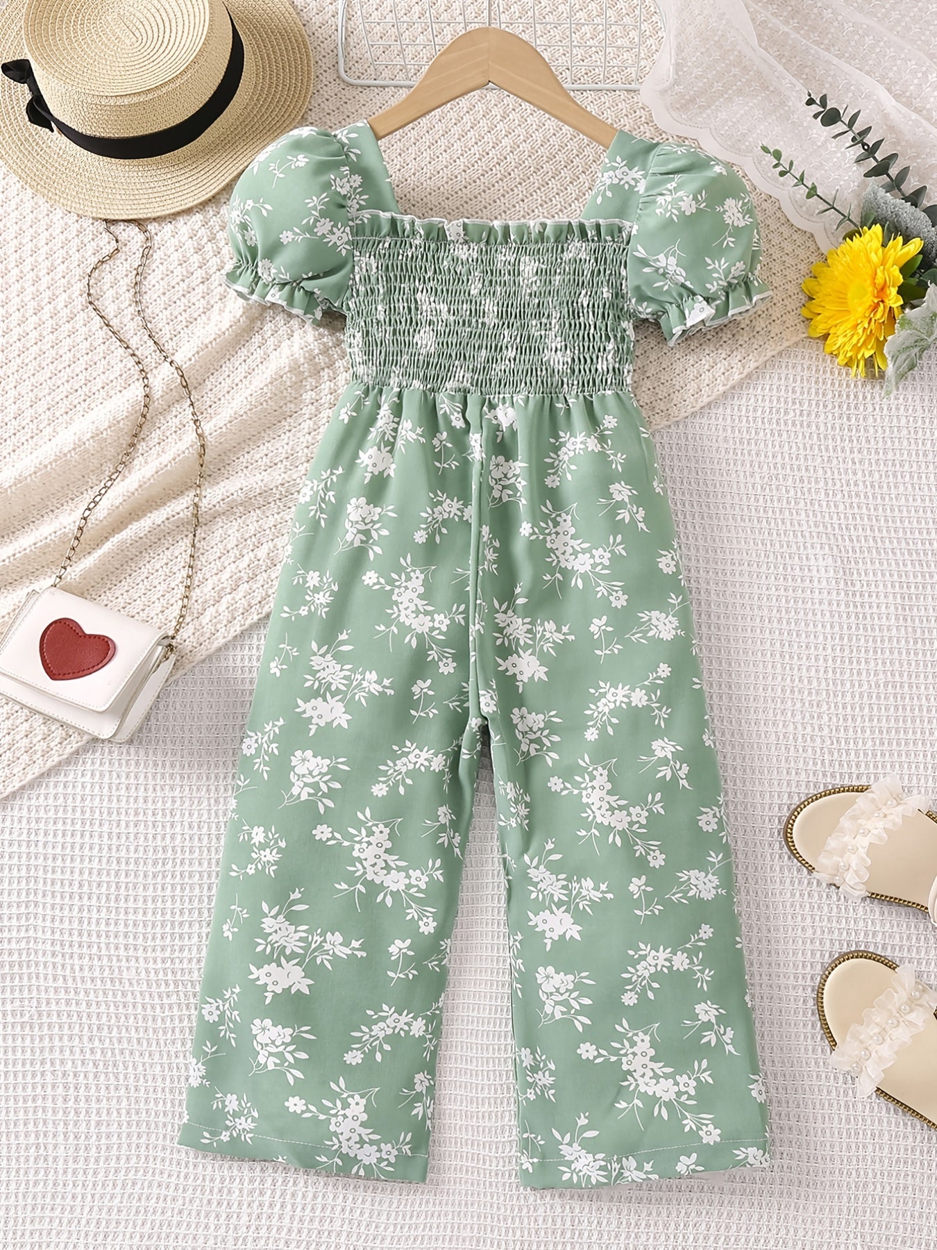 Toddler Girls Puff Sleeve Flower Graphic Rompers Jumpsuits for Beach Vacation