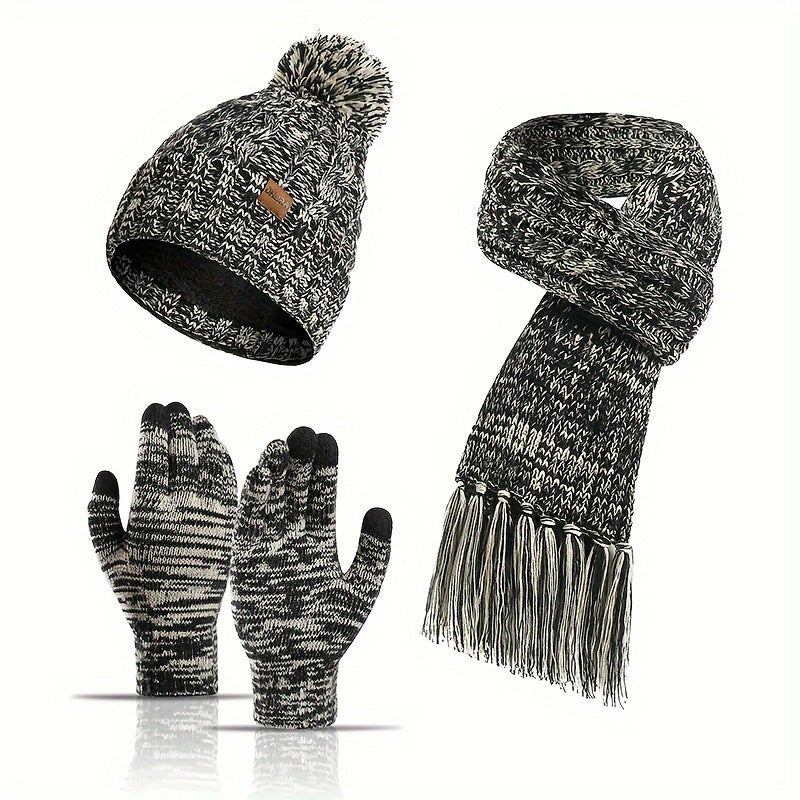 Winter Knitted Hat Scarf Set Velvet Lining Warm Beanies Pom Touch Screen Gloves