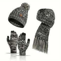 Winter Knitted Hat Scarf Set Velvet Lining Warm Beanies Pom Touch Screen Gloves