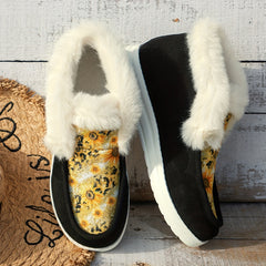 Sunflower Print Furry Snow Boots Plush Lined Warm Loafers