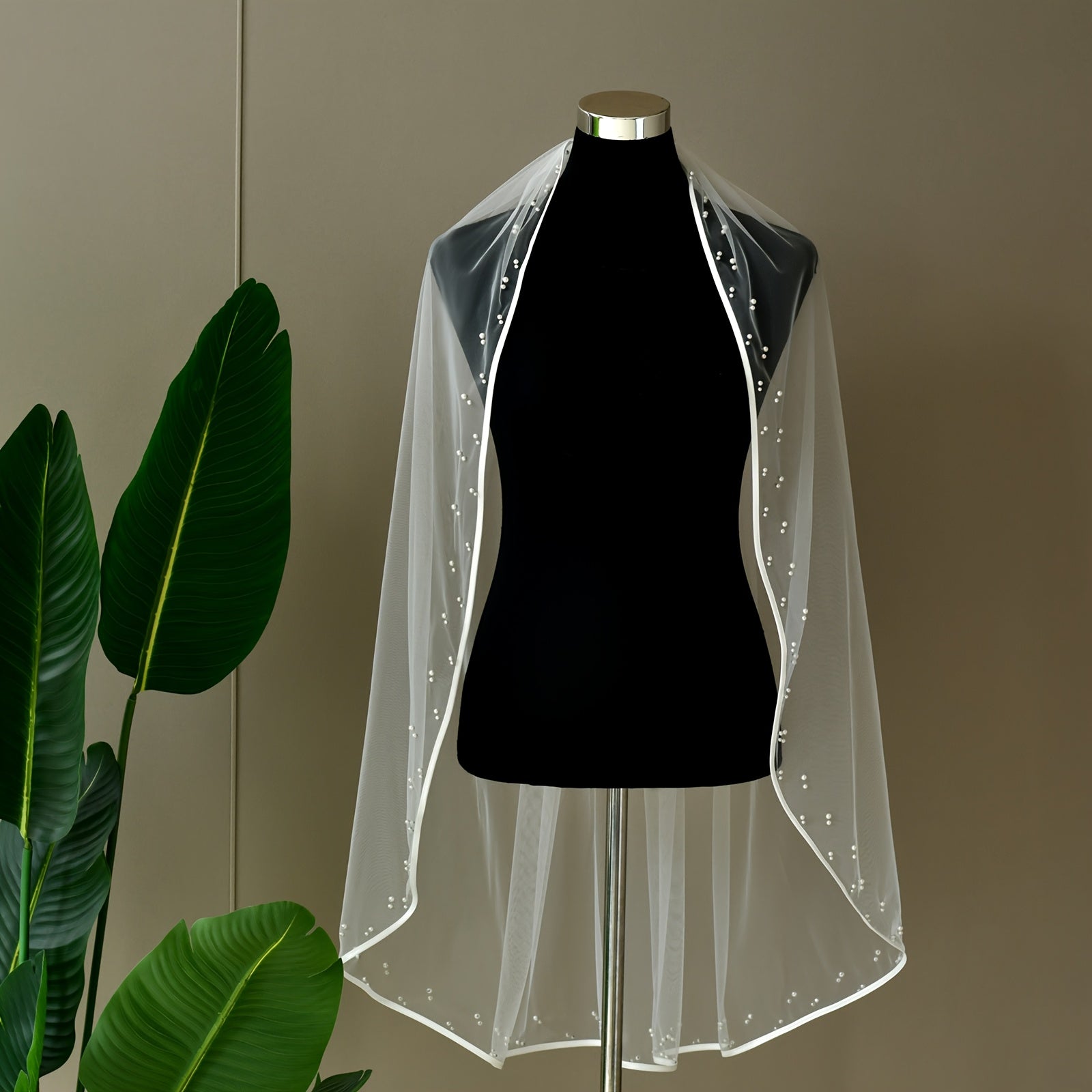 Long Bridal Veil with Beaded Detail Satin V Neck 3 4 Sleeve