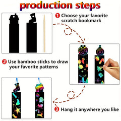 48pcs Christmas Scratch Painting Kit with Wooden Pen and Ribbon Bookmarks