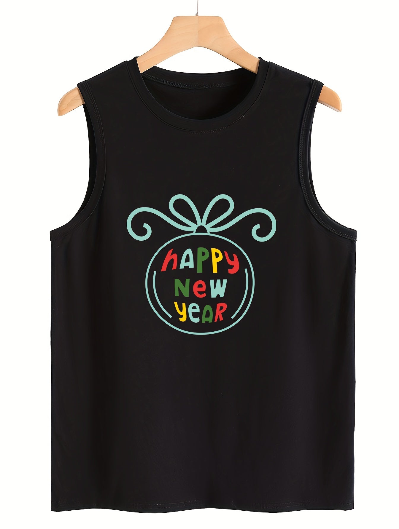 Happy Year Print Sleeveless Sports Vest Round Neck Stretchy Casual Tops