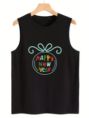 Happy Year Print Sleeveless Sports Vest Round Neck Stretchy Casual Tops