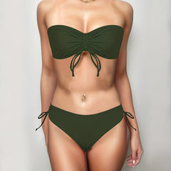 Bandeau Tie Front Two Pieces Set Bikini Drawstring Tie Side High Cut Swimsuit