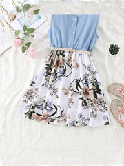 Girls' Floral Skirt & Tank Top Patchwork Dress