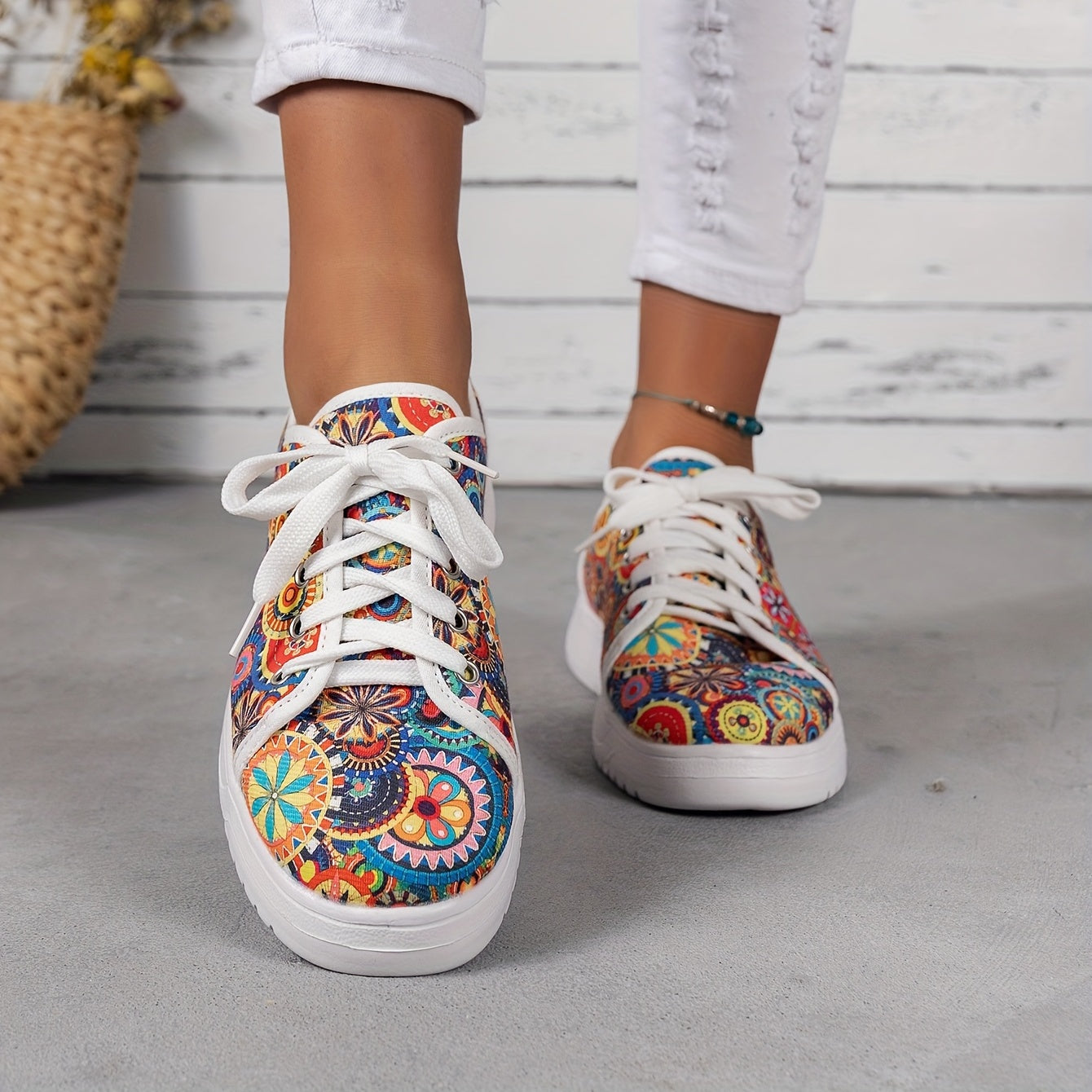 Women's Colorful Print Canvas Sneakers Lace Up Low Top Flat Shoes