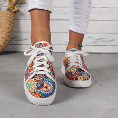 Women's Colorful Print Canvas Sneakers Lace Up Low Top Flat Shoes