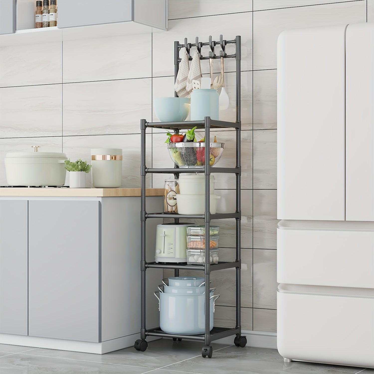 5-Layer Kitchen Storage Rack with Pulleys & Hooks