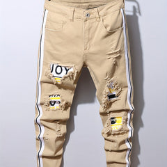 Stylish Patchwork Slim Fit Ripped Jeans Men's Casual Street Style Distressed