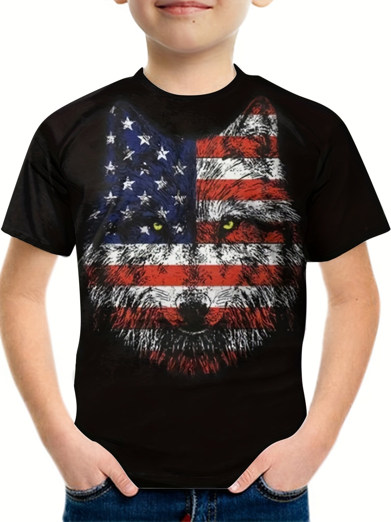 Kids Wolf & Flag Graphic Tees Outdoor Casual T shirt
