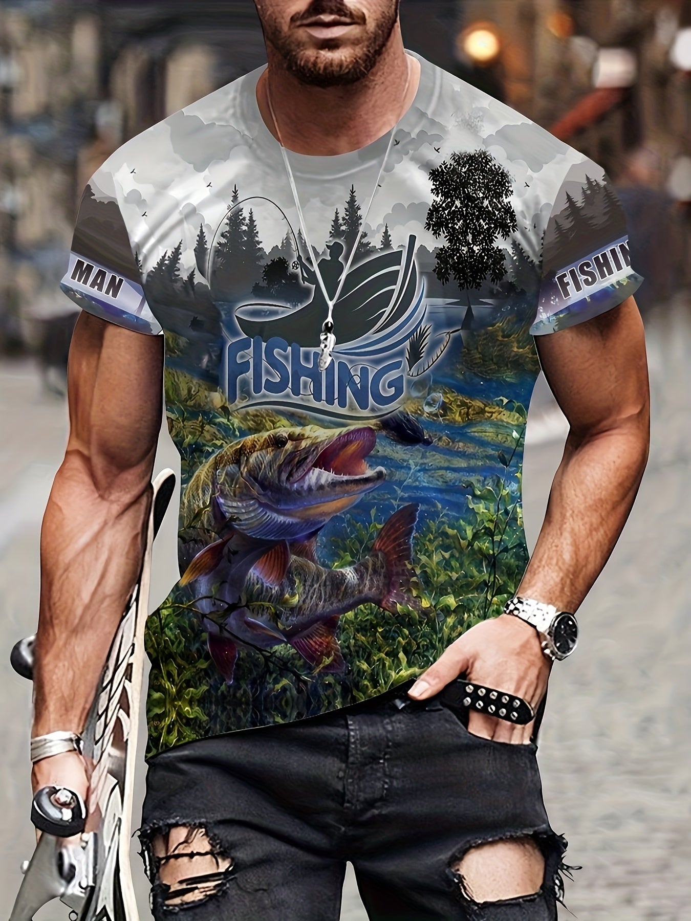 Fishing Theme 3D Print Men's Graphic T-shirt Short Sleeve Pullover Tops