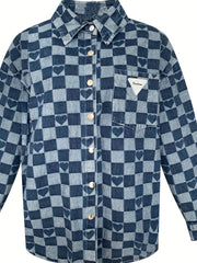 Checkerboard Print Denim Jackets Loose Fit Heart Pattern Denim Coats Women's