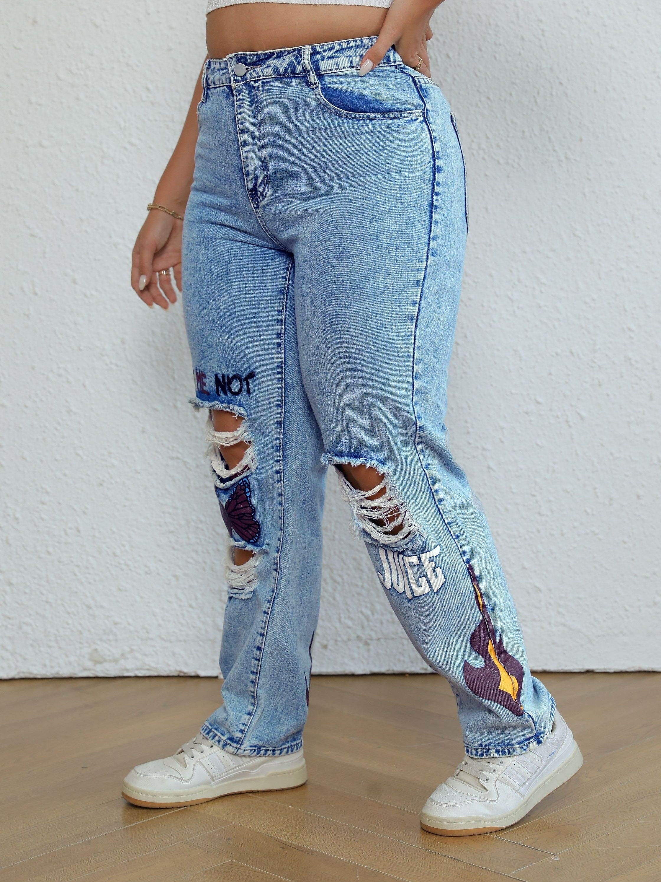Y2K Butterfly Print Ripped Jeans