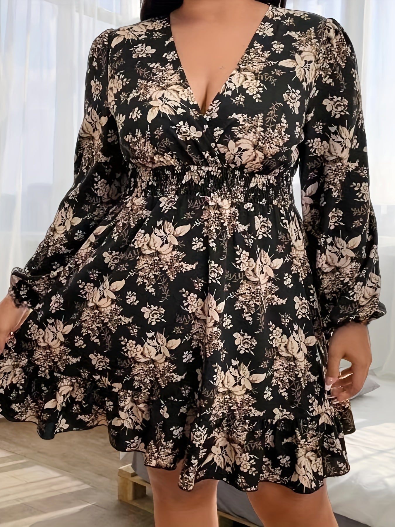 Floral Print Lantern Sleeve Plus Size Dress