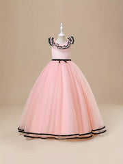 Girls Satin & Tulle Ruffle Collar Maxi Ball Gown