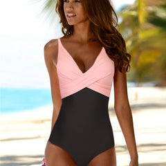 Criss Cross Ruched One Piece Swimsuit Pink Contrast V Neck Bathing Suit