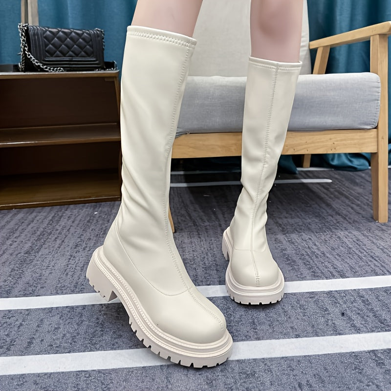 Chunky Heel Knee High Boots for Women Faux Leather Knight Boots