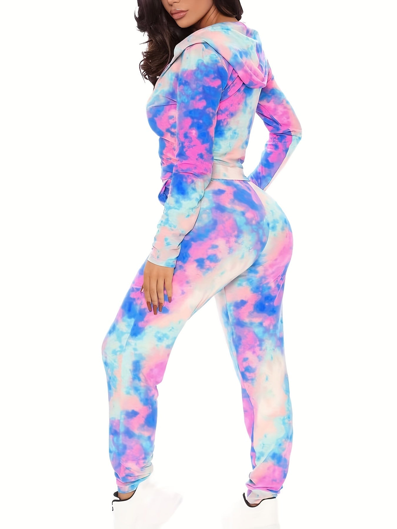 Tie Dye Two Piece Set Zip Up Hooded Sweatshirt & Drawstring Skinny Pants Outfit