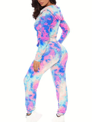 Tie Dye Two Piece Set Zip Up Hooded Sweatshirt & Drawstring Skinny Pants Outfit