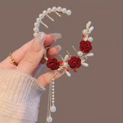 Vintage Red Rose Bun Buckle Tassel Hair Clip for Women Girls