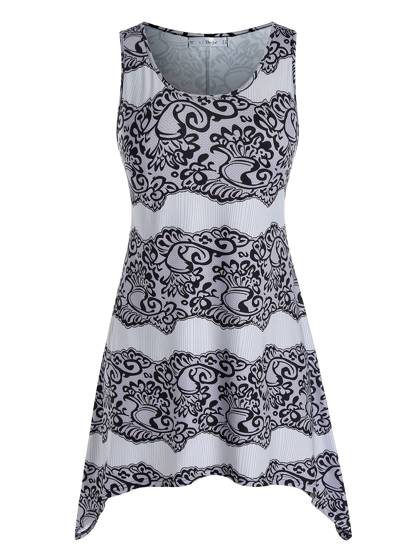 Paisley Print Tank Top Plus Size High Stretch Casual Round Neck Irregular Trim
