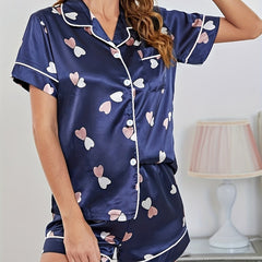 Heart Print Pajamas Set Short Sleeve Top & Shorts Women's Loungewear