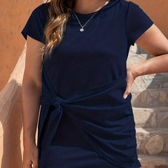 Plus Size Solid Cap Sleeve Round Neck Mini Dress