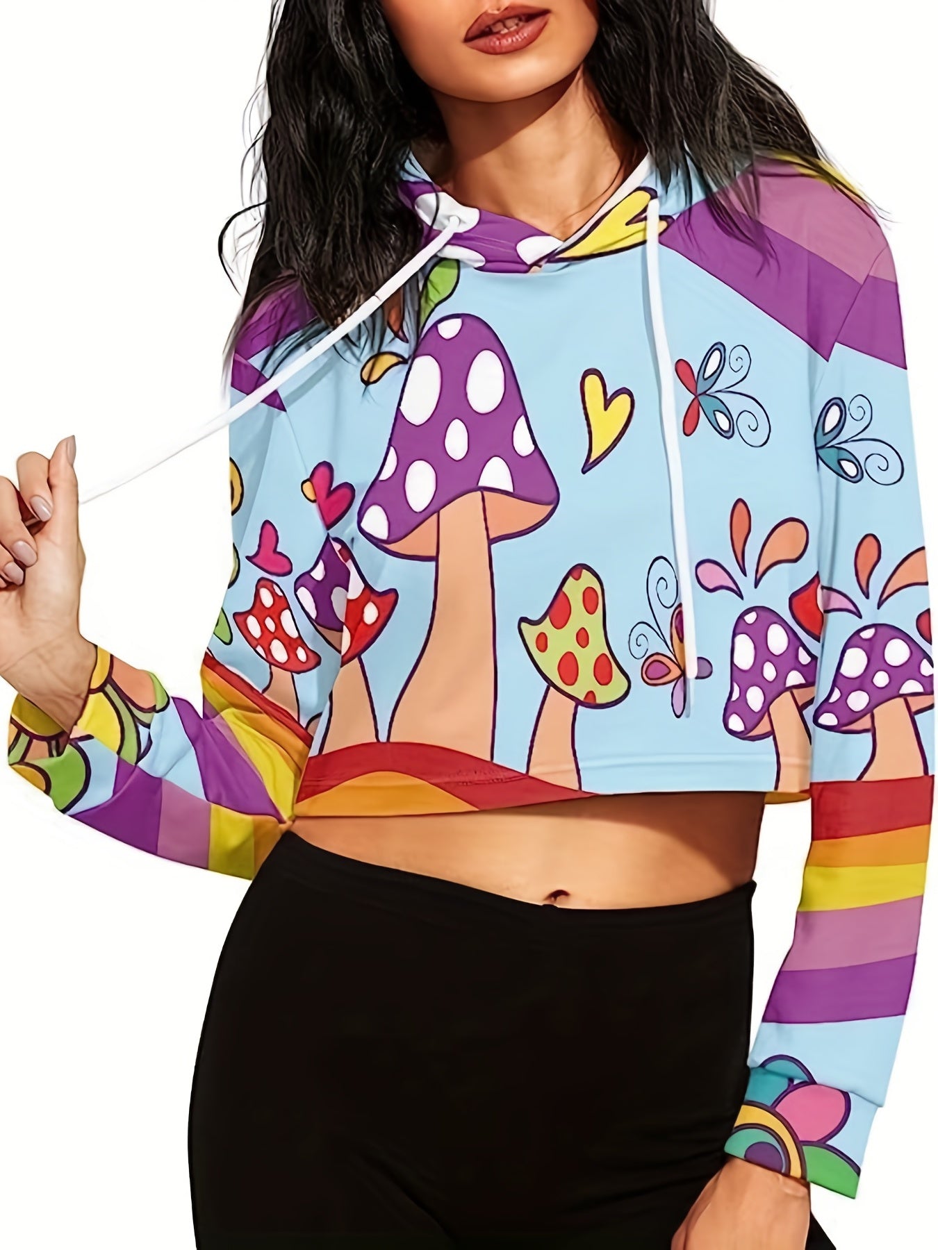 Women's Cropped Long Sleeve Mushroom Print Hoodie