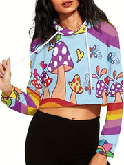 Women's Cropped Long Sleeve Mushroom Print Hoodie