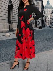 Plant Print V Neck Dress Long Sleeve Maxi Dress Women's Clothing