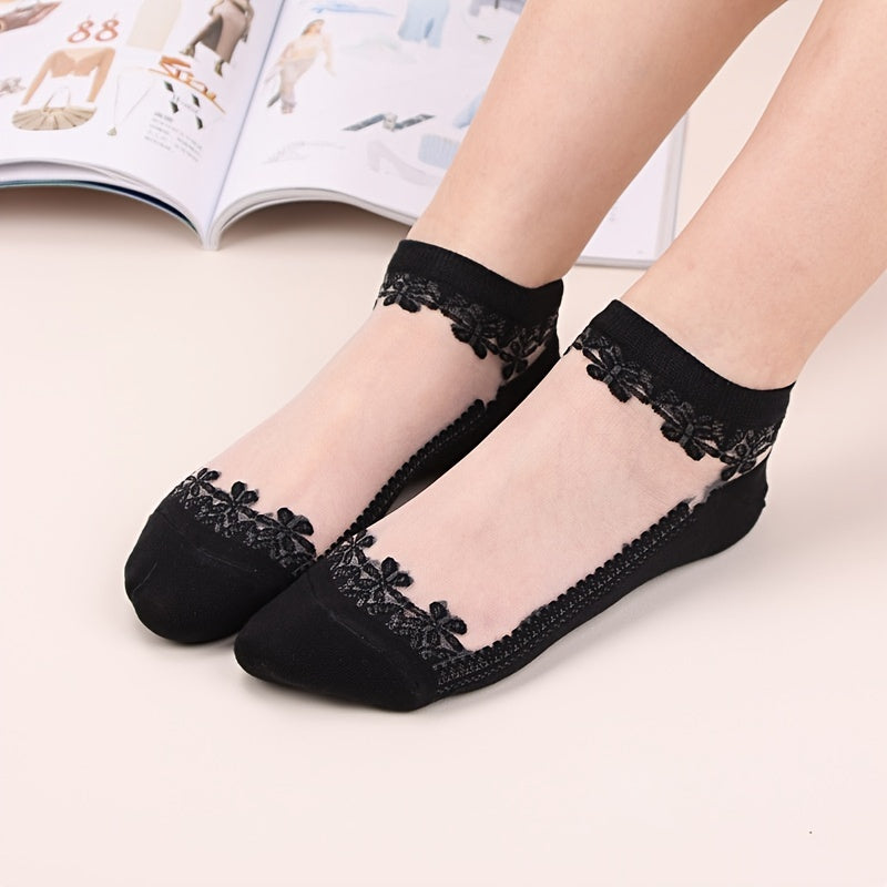 7 Pairs Lace Stitching Mesh Socks - Floral Embroidery Ankle Stockings