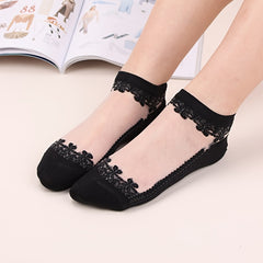 7 Pairs Lace Stitching Mesh Socks - Floral Embroidery Ankle Stockings