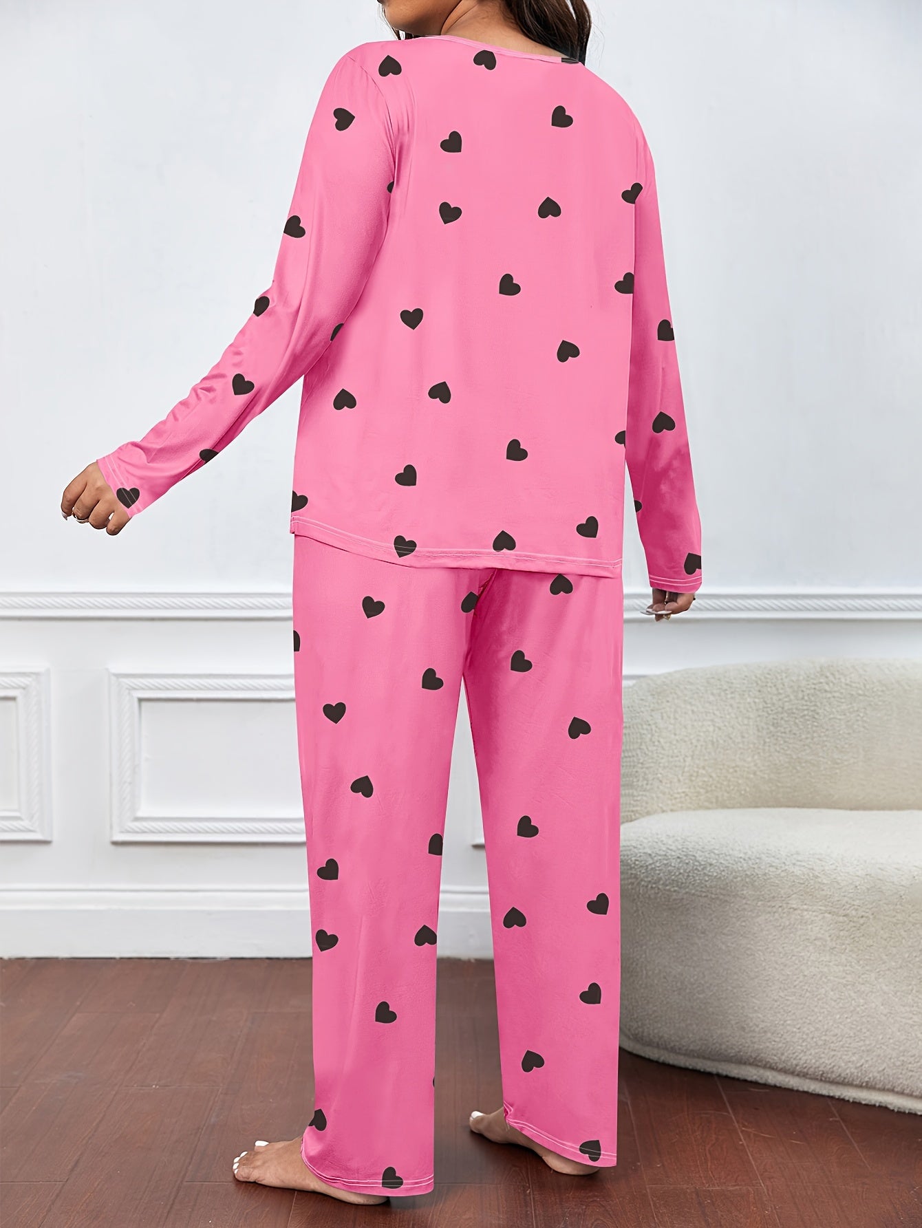 Heart Print Long Sleeve Tee & Pants Lounge 2 Piece Set