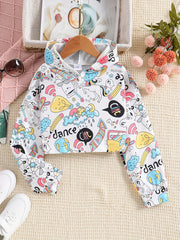 Girls Cartoon Print Long Sleeve Crop Hoodie Sweatshirt