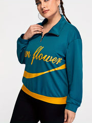 Women's Plus Size Retro Sports Top - Letter Print Long Sleeve Zipper Collar Top