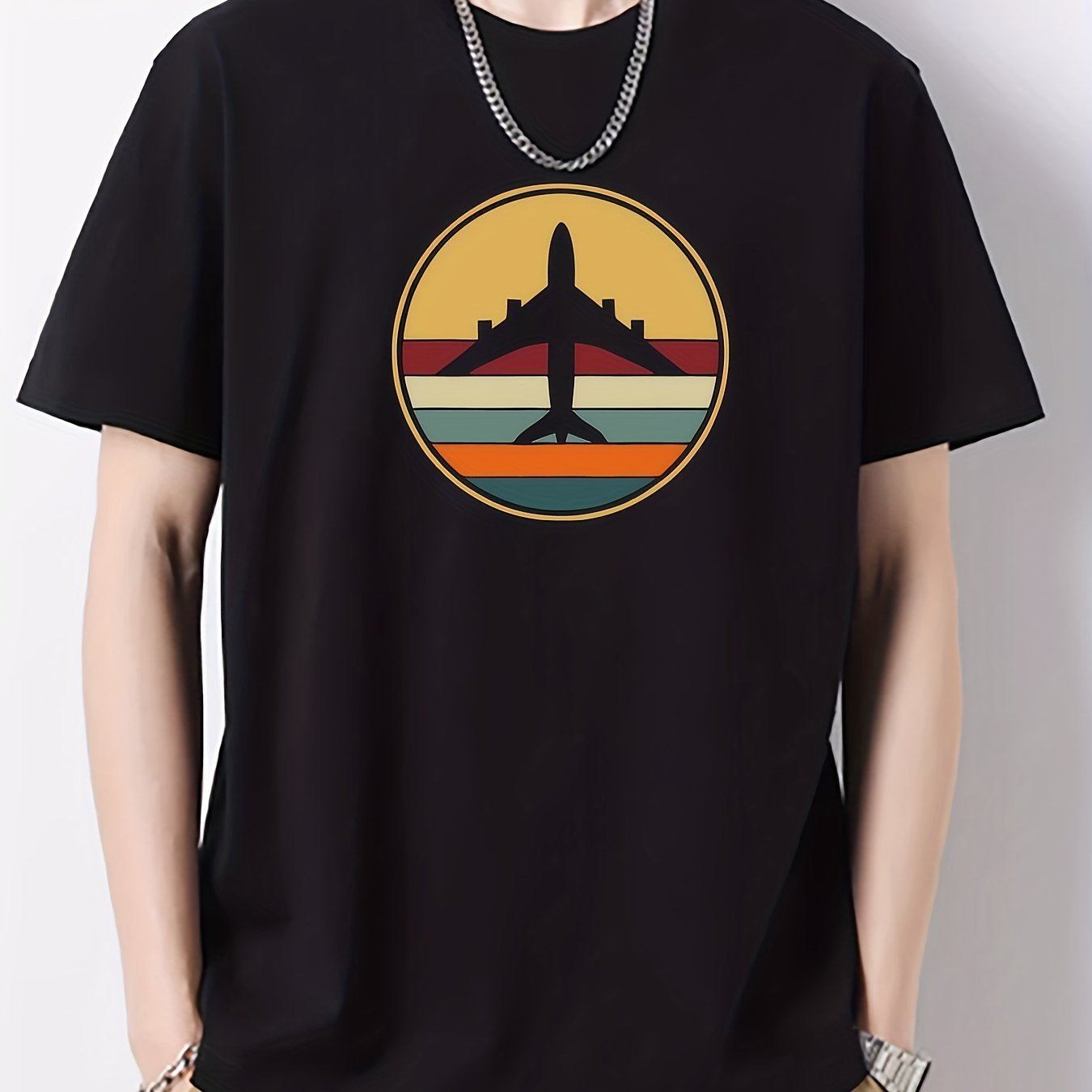 Air Plane Print Men's Cotton Graphic Crew Neck Active T shirt