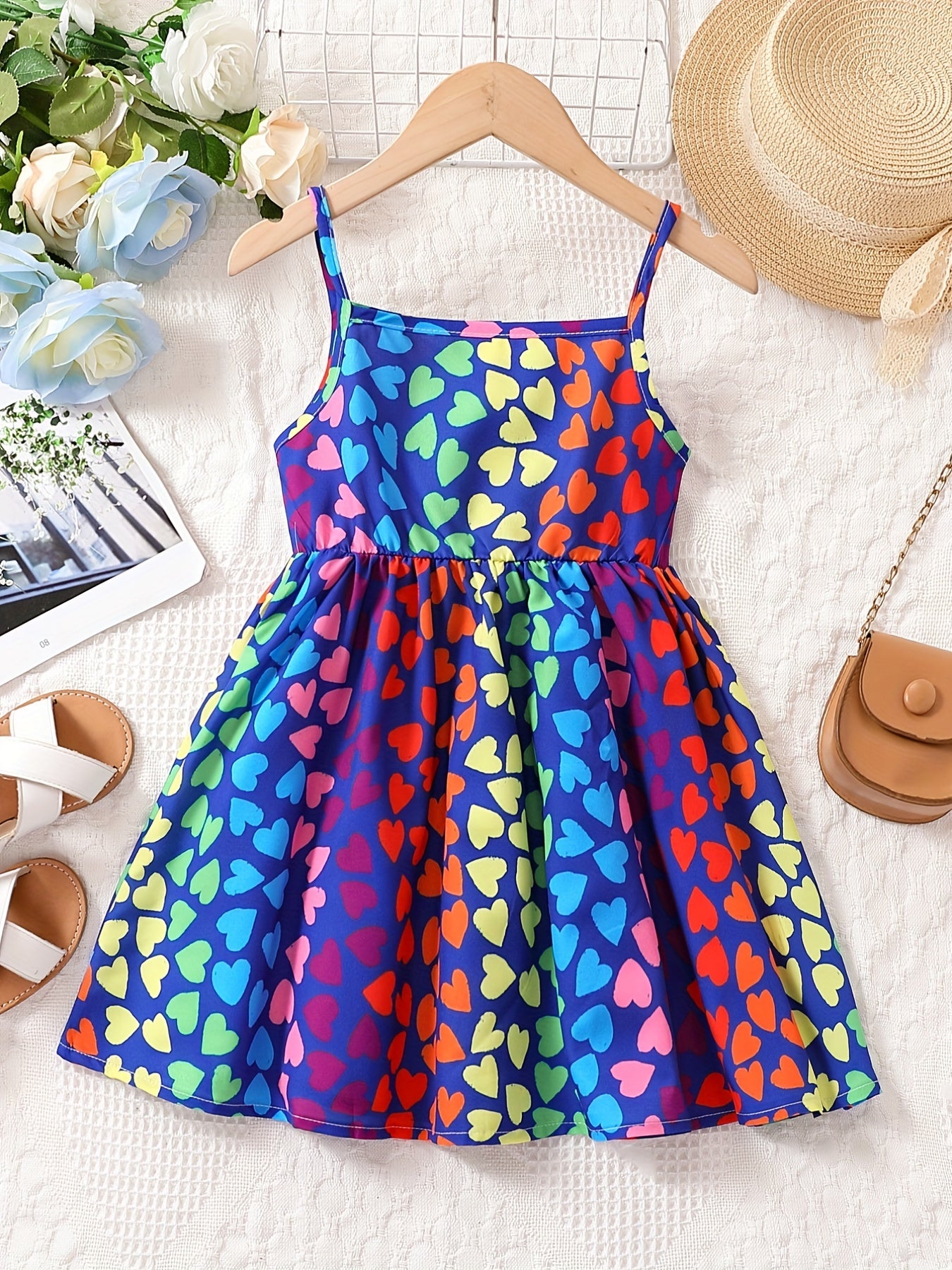Youth Girl Colorful Heart Print Camisole Princess Dress