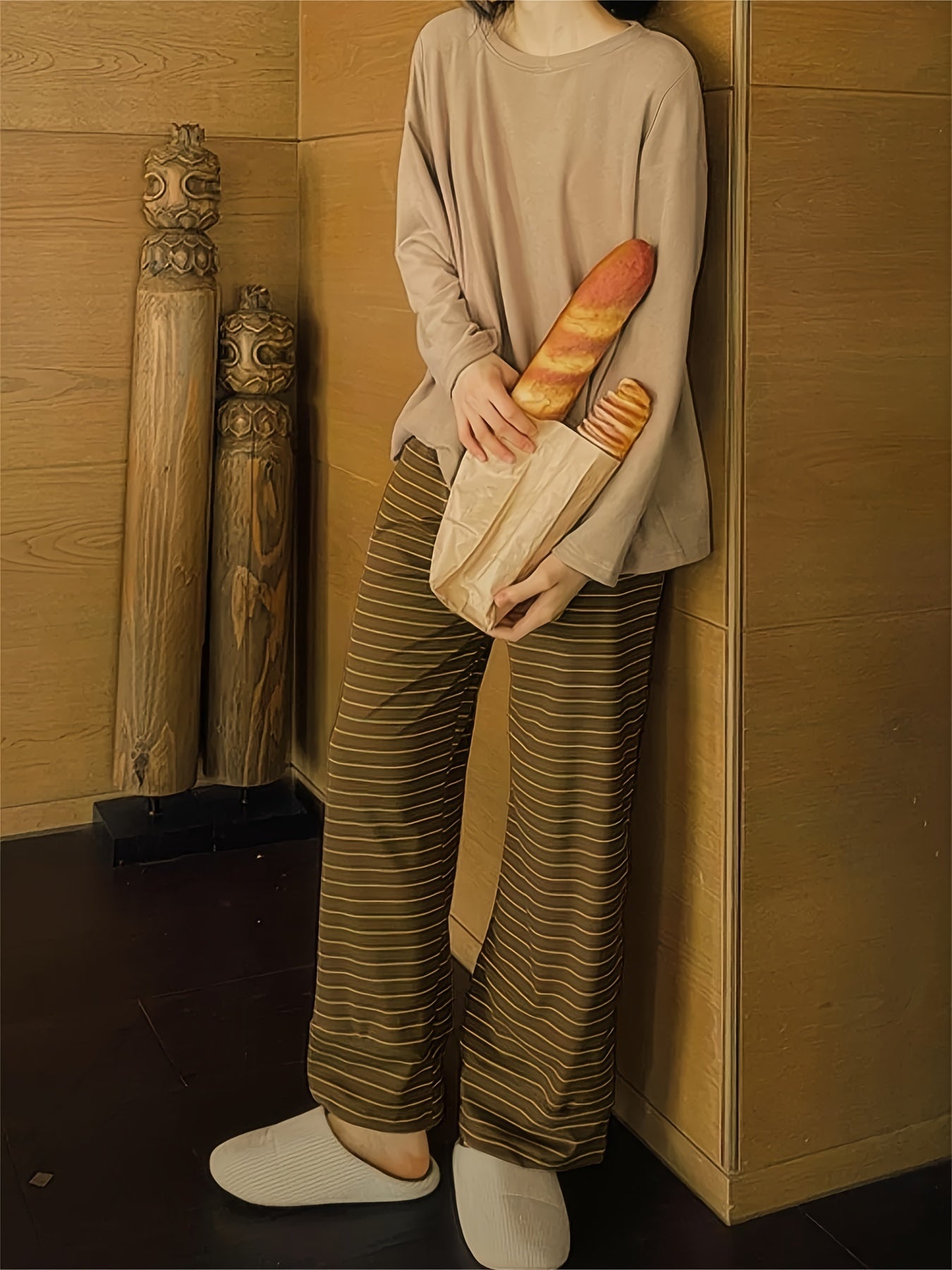 Striped Print Pajama Set Long Sleeve Crew Neck Top & Pants