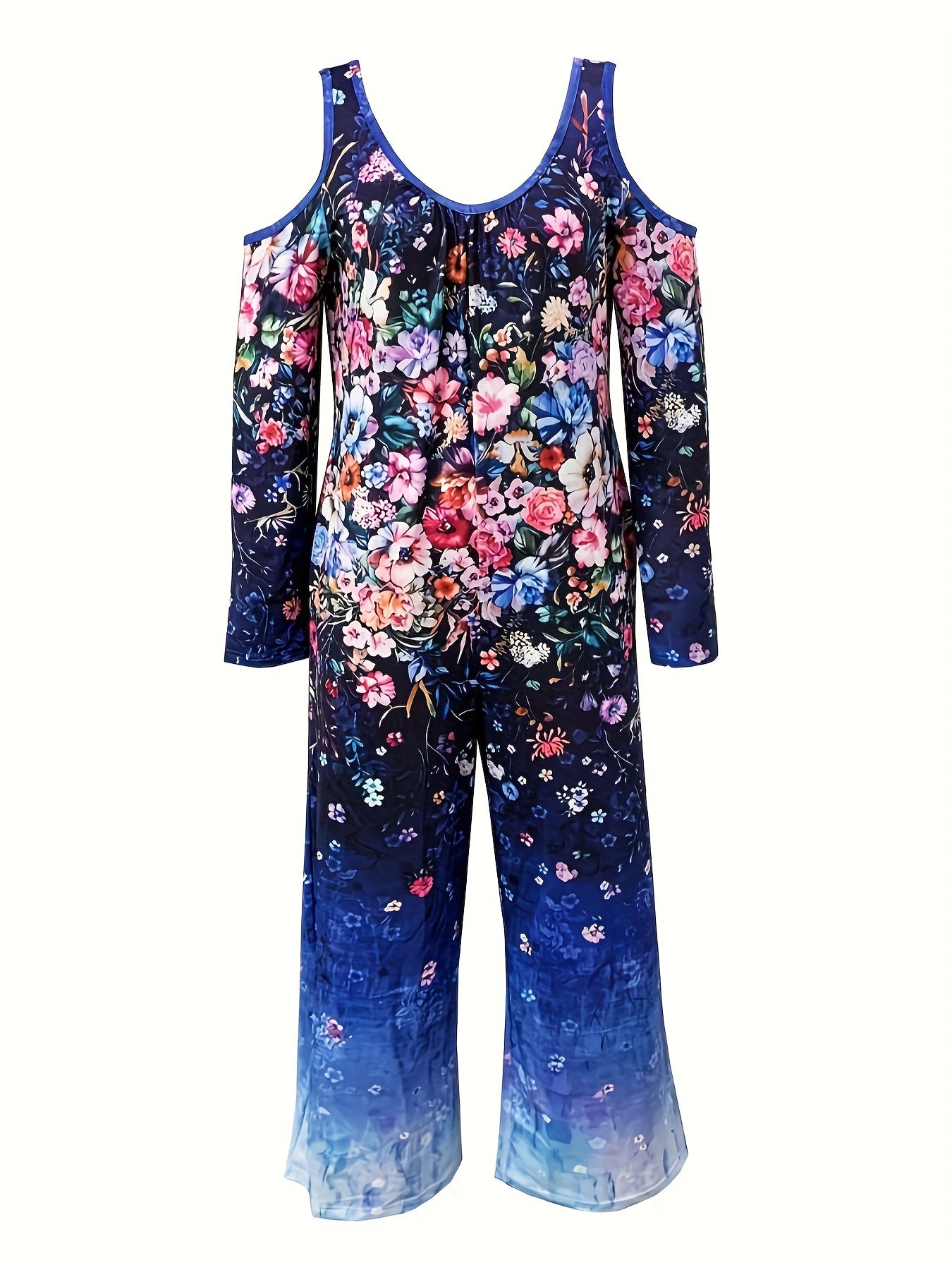 Floral Print Cold Shoulder Long Sleeve Jumpsuit With Pockets