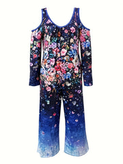 Floral Print Cold Shoulder Long Sleeve Jumpsuit With Pockets