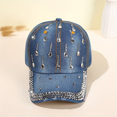 Rhinestone Decor Casual Baseball Cap Unisex Denim Washed Dad Hats