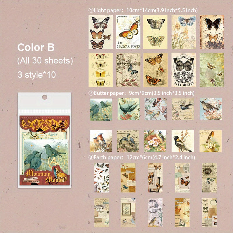 30 Vintage Patterned Art Supplies for Scrapbooking DIY, Washi Stickers