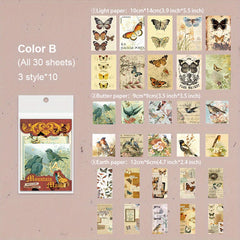 30 Vintage Patterned Art Supplies for Scrapbooking DIY, Washi Stickers