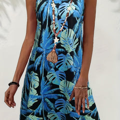 Women's Plus Leaf Print Round Neck Tank Dress