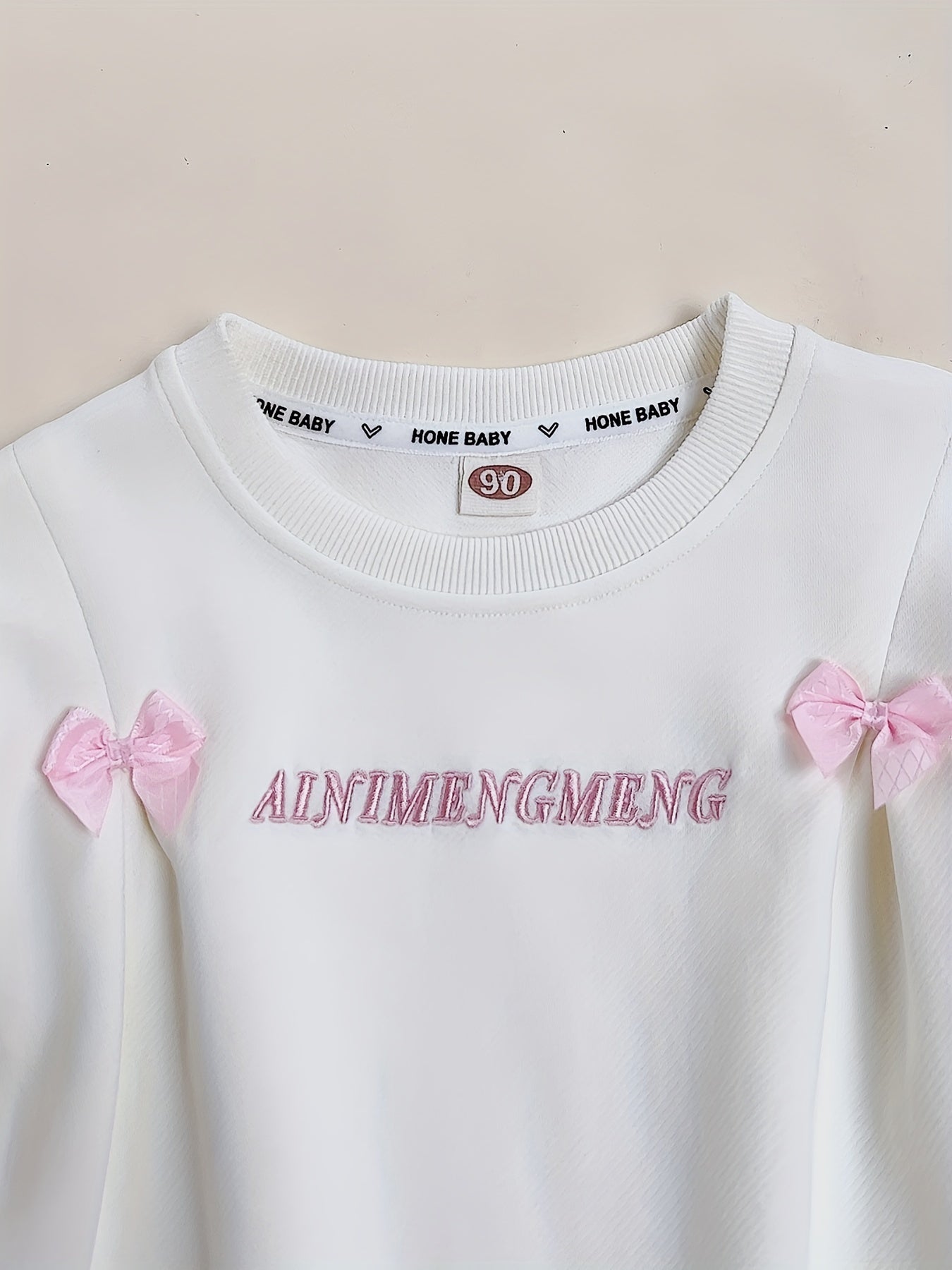Girls Bow Monogram Embroidery Graphic Sweatshirt Long Sleeve Pullover