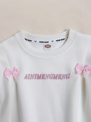 Girls Bow Monogram Embroidery Graphic Sweatshirt Long Sleeve Pullover